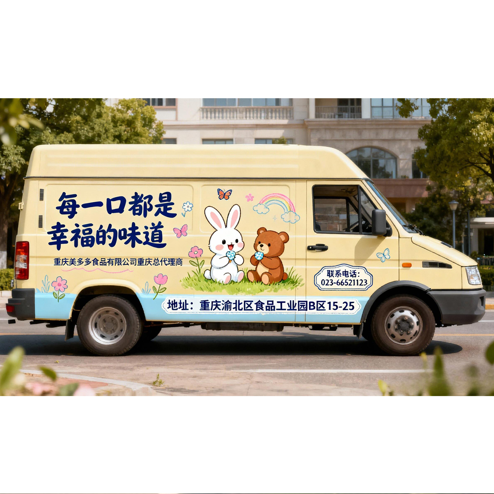 重庆天贝车身广告 -小白兔奶糖-依维柯上的甜蜜分享-童年回忆杀