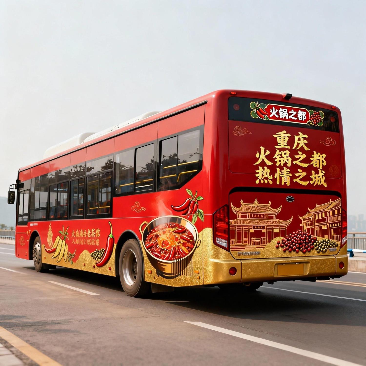 jimeng-2025-12-09-8415-现代旅游广告设计，完整的公交车侧面视角，车身广告采用红色和金色搭配，在车身侧面非....jpg