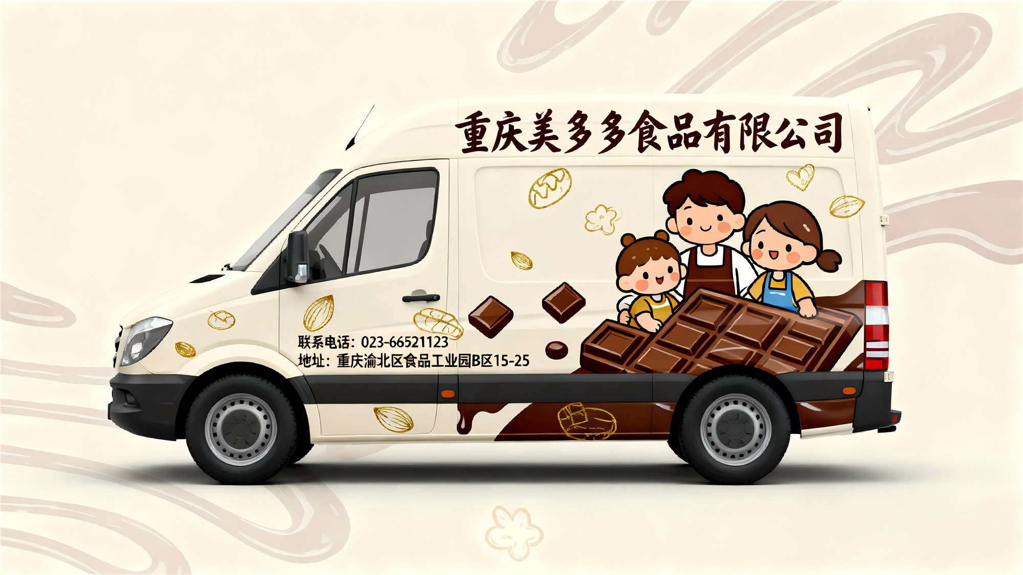 jimeng-2025-12-01-1360-现代商业广告设计，面包车车身巧克力广告设计，温馨家庭风格，车身以米白色为底色，配....jpg